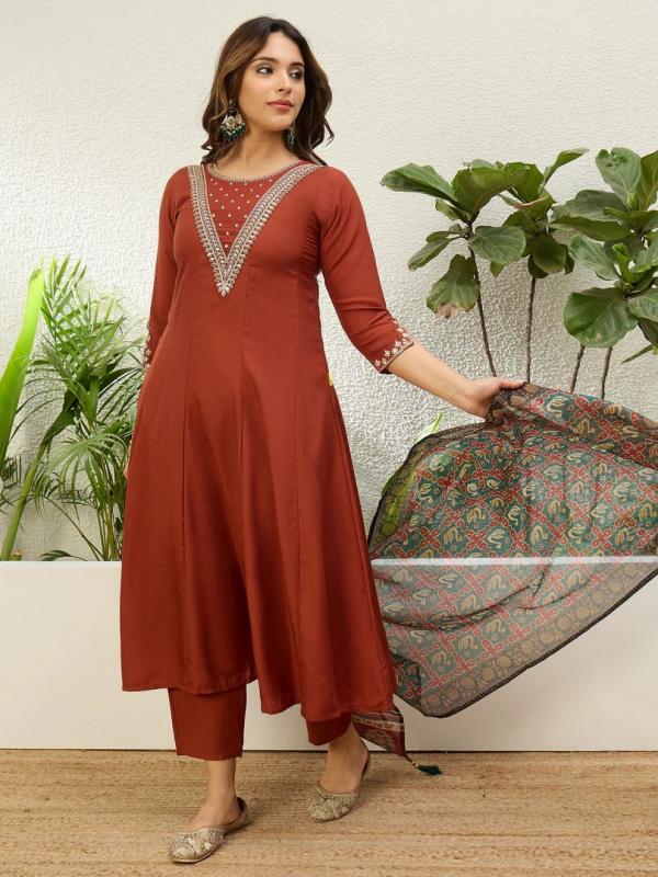 VP 9863 R Women's Rust Festive Flared Kurta Set with Traditional Print Dupatta